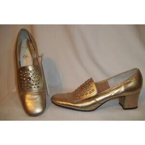 Vintage COBBLERS Gold Metallic Pastel Rhinestone Detail Pilgrim Pumps Shoes 6.5N